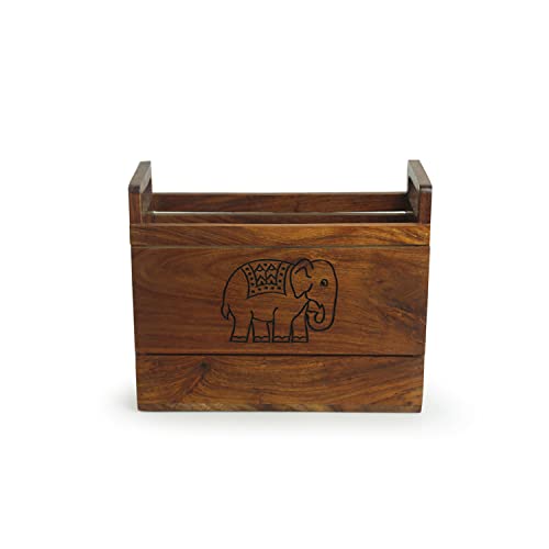 Image of ExclusiveLane 'The Elephant' Hand Carved Table Magazine Stand For Office Desk In Sheesham Wood - Magazine Holder For Living Room Study Table Wooden Newspaper Stand, 25.4X10.7X20.6 Cm