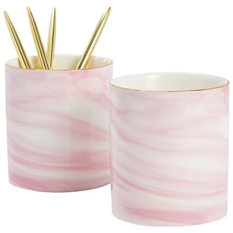 Pink Marble Pen Holder for Office Desk, Ceramic Makeup Brush Cup with Gold Foil (8 x 10 cm, 2 Pack) Cover