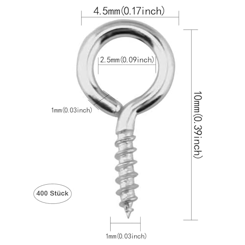 KEWAYO 400 Stück 10 mm kleine Schraubösen, Mini Schraubösenstifte mit Gewinde Metallösen Schraubhaken Ösenschrauben für Schmuckherstellung Anhänger Perlen DIY Basteln (Silber)