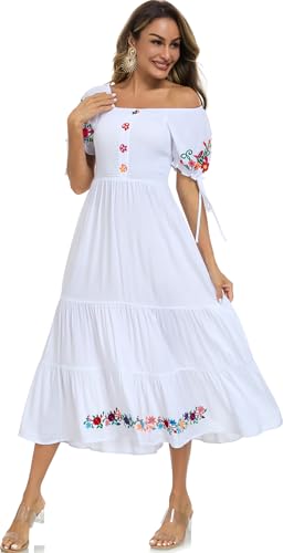 Image of Women's Summer Maxi Dress Casual Floral Embroidered Round Neck Short Sleeve Ruffle Tiered Dress Flowy Boho Beach Sundress
