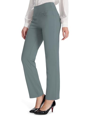 Photo de MOVE BEYOND Pantalon pour femme - Taille haute - Avec jambe droite - Pantalon stretch pour le yoga, le travail, le sport, l'entraînement en plein air, gris clair, S