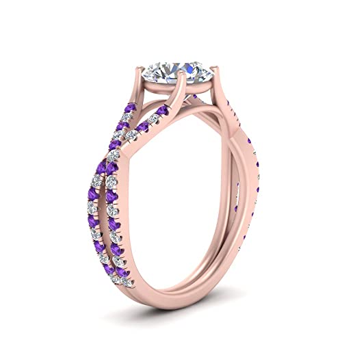 Image of Choose Your Gemstone 4 Prong Split Twisted Diamond CZ Ring Rose Gold Plated Round Shape Split Shank Engagement Ring Minimal Modern Design Birthday Gift Wedding Gift US Size 4 to 12