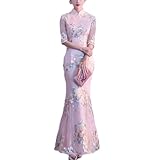 Women Mandarin Collar Bridal Wedding Dress Sexy Slim Fit Lace Embroidered Cheongsam Mermaid Trim Long Qipao 10 XL