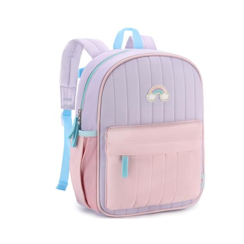 VASCHY Toddler Girls Backpack Kids Small Lightweight Quilted School Bag Color-blocked Bookbag for Kindergarten Children Light Purple Pink