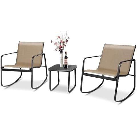 SOLAURA 3 Piece Patio Rocking Bistro Set, Textilene Fabric Outdoor Furniture, Porch Chairs Set with Glass Table for Lawn, Garden, Balcony, Poolside, Khaki Cover