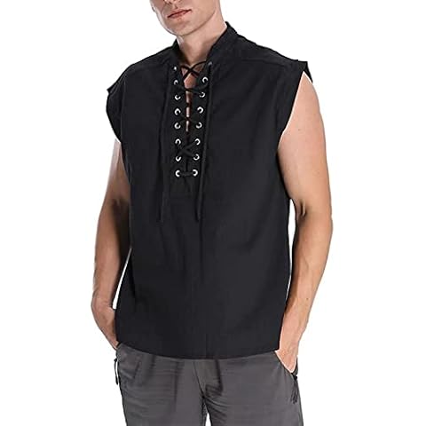 Kseyic Men's Sleeveless Pirate Shirt, Medieval Renaissance Viking Pirate Shirt Tops, Neckline, Casual Cosplay Vest, black, XL Cover