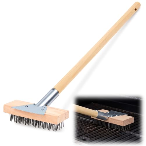 Kritkin 1 Pcs Stainless Steel Grill Brushes Commercial Grill Scraper with 30 Long Wooden Handle Oven Charbroiler Cleaning Brush for Outdoor Kitchens BBQ Restaurants