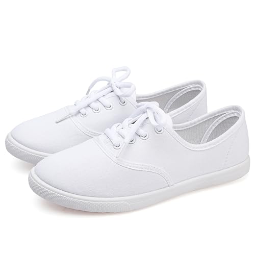 Image of Womens White Canvas Sneakers Lightweight Lace Up Fashion Comfortable Canvas Shoes Low Top Slip On Casual Tennis Walking Shoes Women Footwear