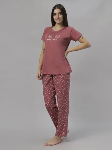 Image of DZZO Women's Cotton Printed Night Suit Set of T-Shirt & Pyjama, Night wear Dress, Relaxed wear for Women /Girls