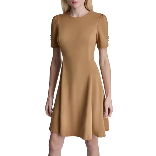 DKNY Women's Button Short Sleeve Fit and Flare Dress, Luggage, 8