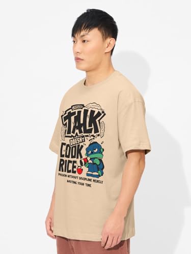 Image of LEOTUDE Half Sleeve Oversized Cottonblend Round Neck Drop Shoulder Printed Men's T-Shirt (Color Beige)