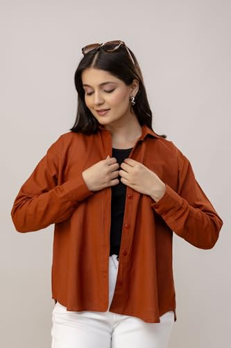 Image of Women's Linen Blend Shirt | Casual Collared Button Down Shirt for Women | Solid Color Full Sleeve Oversized Fit | Summer Casual & Office Wear Top