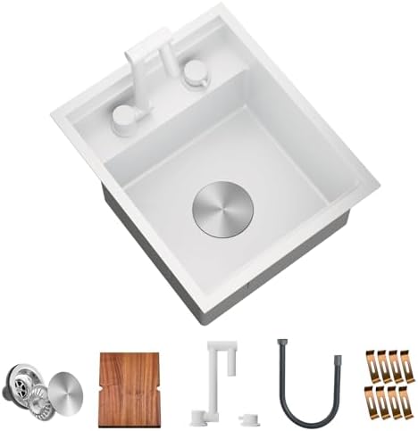 TORVA RV Kitchen Sink, 15 x 18 x 9 Inch Undermount Bar Sink 16 Gauge Stainless Steel Single Bowl Sink with Foldable Faucet Cutting Board, White