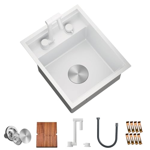TORVA RV Kitchen Sink, 15 x 18 x 9 Inch Undermount Bar Sink 16 Gauge Stainless Steel Single Bowl Sink with Foldable Faucet Cutting Board, White
