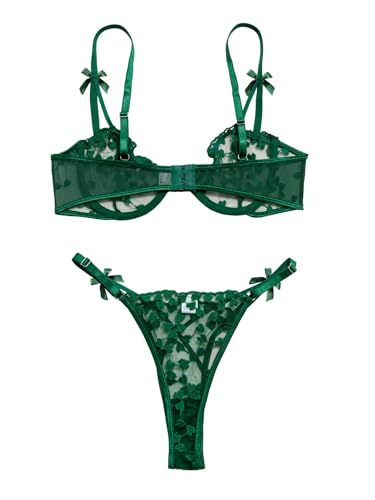 Image of Lilosy Sexy Underwire Cute Push Up Strappy Embroidered Mesh Sheer Lingerie Set See Through Panty Bra