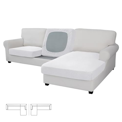 Image of Easy-Going Stretch 3 Pieces Couch Cushion Covers for Sectional Sofa L Shape | 2 Seater + 1 Chaise Lounge Left /Right L Sofa Seat slipcover Anti-Slip Sofa Cover Soft Snow White