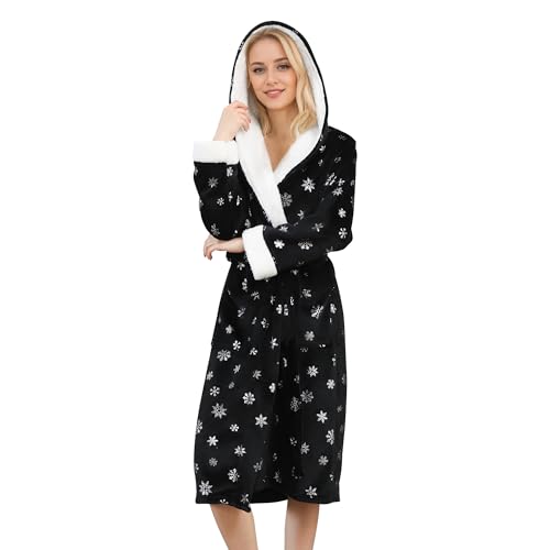 LYCY Womens Flannel Hooded Robe,Soft Fluffy Bathrobe for Women Winter Printed Warm Loungewear