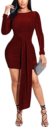 Image of Women's Casual Round Neck Long Sleeve Night Club Party Sexy Sparkly Bodycon Wrap Mini Dress