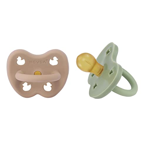 HEVEA Chupete de goma natural, redondo, 3-36 meses, diseño higiénico de una sola pieza, sin BPA, suave y duradero, paquete de 2 unidades (beige tostado y verde musgo)