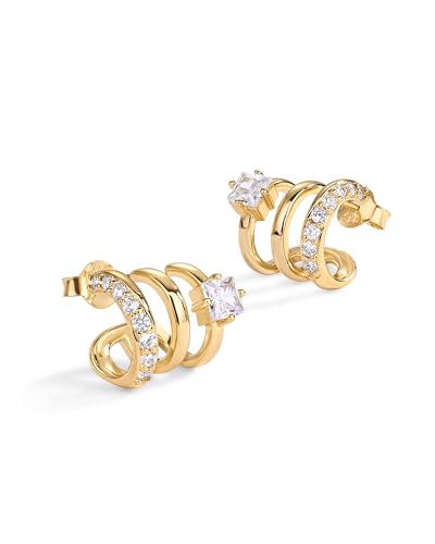 PAVOI 14K Gold Plated Sterling Silver Posts Cubic Zirconia Segment Triple Hoop Earrings for Women | Statement Triple Hoop Stud Earrings3