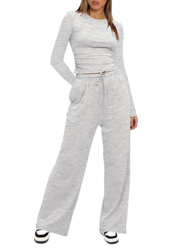 Darong Women\'s 2 Piece Lounge Sets Long Sleeve Tops Wide Leg Pants Casual Outfits Pajama Set Fall Collection 9065A White Grey M