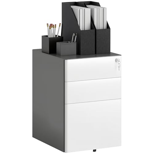 Vinsetto Rollcontainer mit 3 Schubladen mobiler Aktenschrank mit Rollen abschließbar Büroschrank mit Hängeregistratur Stiftfach, Bürocontainer für Büro, Homeoffice, 39 x 48 x 59 cm Weiß+Grau