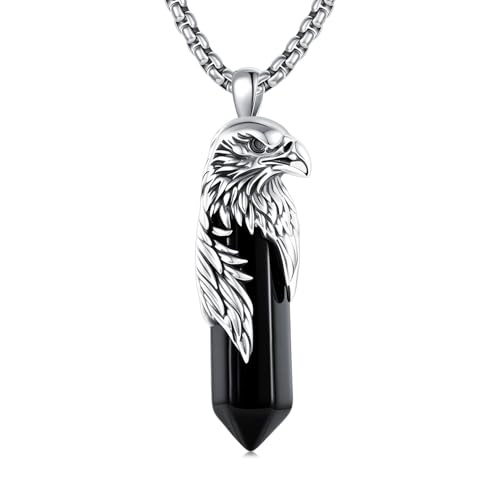 Eagle Necklace with Black Obsidian 925 Sterling Silver Cool Hawk Pendant Necklaces Jewelry for Men, w/Stainless Steel Chain 22'' + 2''
