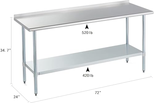 Image of Stainless Steel Table for Prep & Work with Backsplash 24x72 Inches