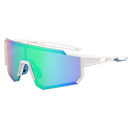Axvxby Sports Sunglasses with Green Mirror Lens, White Frame, UV Protection,Cycling Glasses, Bicycle Fishing Road Bike Glasses