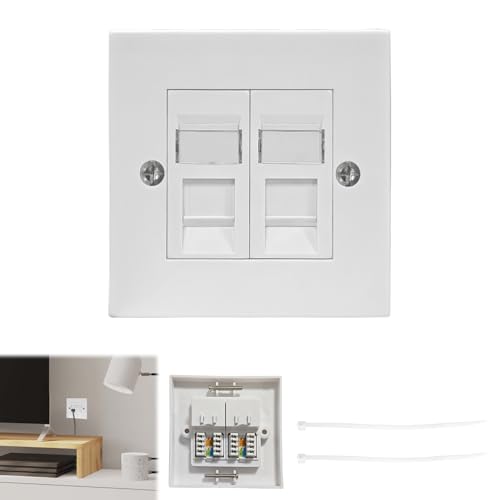 RJ45 Socket Cat6, CAT6 Ethernet Double Socket RJ45 Network Wall Plate 2 Port with Keystone Jack Modular, Ethernet Wall Socket up to 1GB (White)