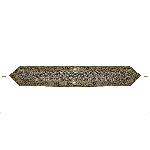 Image of E-EZRA Room Decor Banarasi Silk Handmade Flower V Shape Table Runner Dinning & Centre Table Long Runner Bed Runner Gold Tassels End Size 14 X 80 inches (Black)