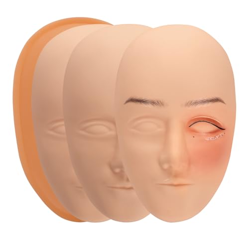 JimKing Tattoo Practice Skin Head, 3pcs Soft Rubber Fake Skin for Permanent Makeup Microblading Eyebrow Lip Eyeliner Tattooing, 1pcs Facial Tattoo Training Skin Support Base