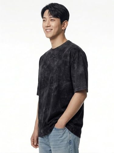 Image of LEOTUDE Acid wash Oversized Tshirt Men Drop Shoulder Half Sleeves Round Neck Solid Pure 100% Cotton T-Shirts for Men (Color:Black)