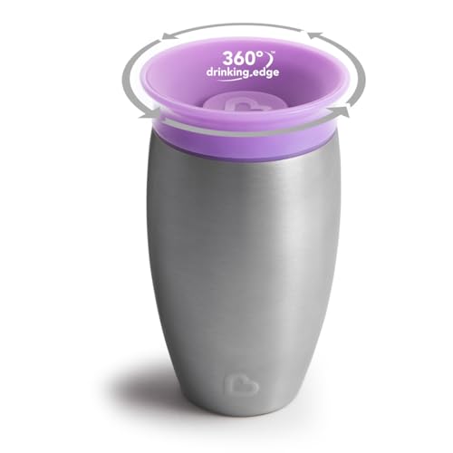 Image of Munchkin Stainless Steel Sippy Cups for Toddlers 1-3, Spill Proof Miracle 360 Cup, Insulated, Purple, 10 Ounces (Pack of 12)