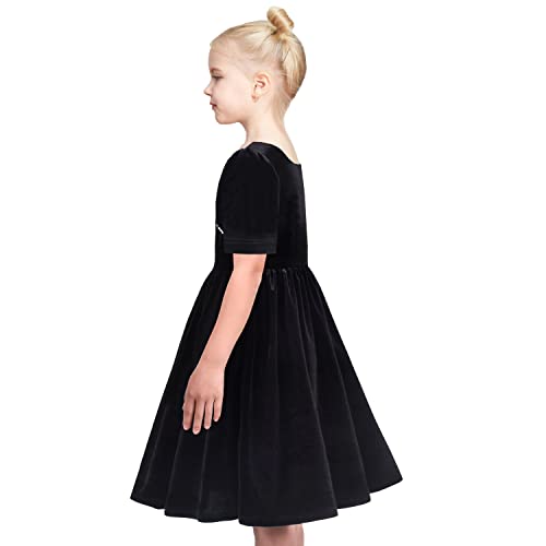 Sunny Fashion Girls Dress Black Velvet Short Sleeve Pearl Vintage Party Casual4