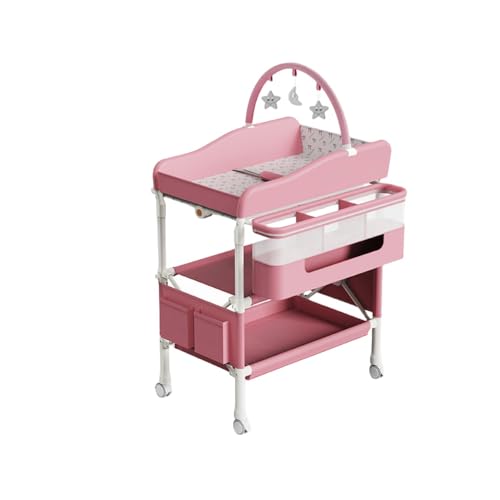 Jopsavm 折りたたみ式おむつ交換台/おむつ交換台/ベビーケア/ママの腰痛予防/キャスター付き/ポータブル/転がせる/高さ調節可能/多機能/折りたたみ式/収納簡単/新生児シャワーギフト (ピンク,54*81*103cm)