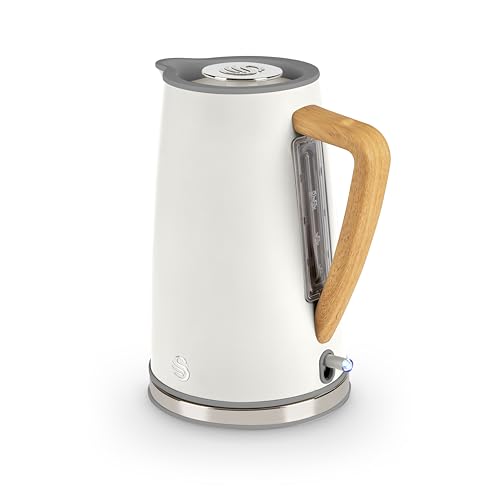 Swan SK14610WHTN, Nordic Rapid Boil Jug Kettle, Wood Effect Handle, Soft Touch Housing and Matt Finish, 3kw, 1.7 Litre, Cotton White