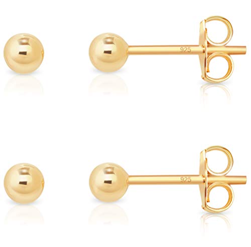 DTPsilver® Set of 2 PAIRS of SMALL 925 Sterling Silver Yellow Gold Plated Round Ball Studs Earrings - Diameter: 4 mm