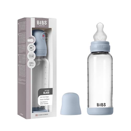 BIBS Baby Glass Bottle. Anticólicos. Tetina redonda de Silicona. Favorece la lactancia natural, 240ml, Complete Set - Baby Blue