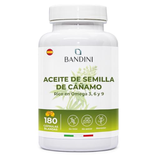 Bandini® Aceite de Cáñamo 1000 mg, 180 Cápsulas | Prensado en Frío, Fuente de Omega 3, 6 y 9 Alternativa a los Ácidos Grasos del Pescado | Para 6 meses | ALA, Ácido Linoleico y Oleico | Hemp seed oil