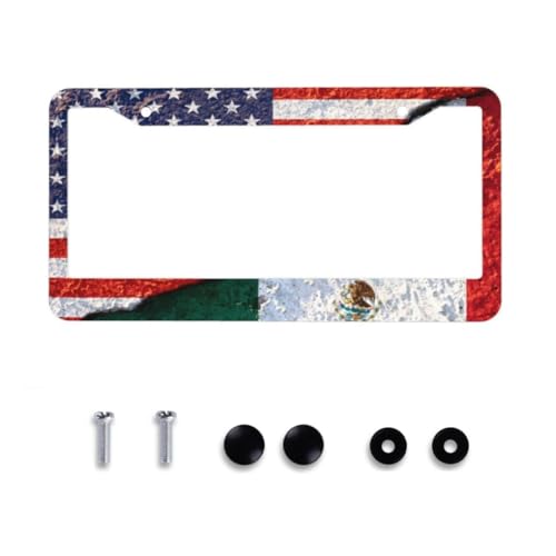 American Mexican Flag License Plate Frame - 1 Pack Funny Aluminum Car License Plate Cover Vintage USA Mexico Flag License Plate Holder Standard US-Canada 12.3x6.9In 2 Hole Auto Car Tag for Women/Men