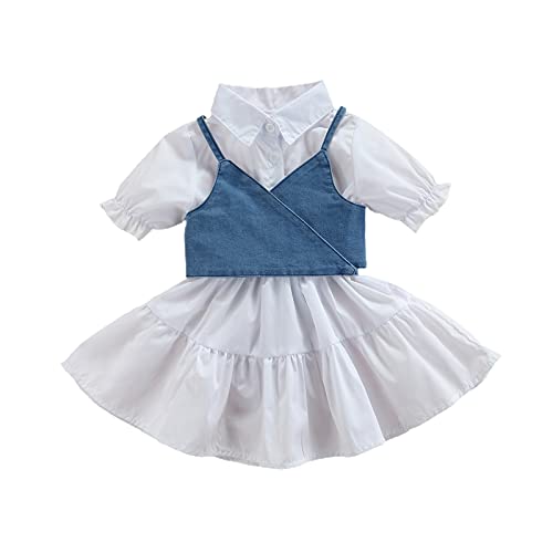 Kids Toddler Baby Girl Summer Outfit Short Sleeve T-Shirt Dress Tunic Tops with Denim Vest Corset 2pcs Clothes Set(Blue, 4-5T)