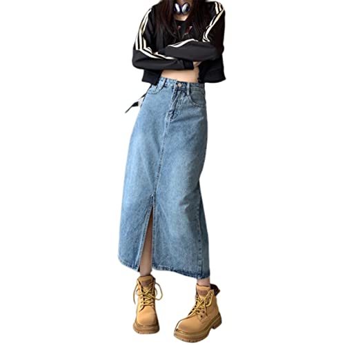 COTCLO Jupe longue vintage bleu taille haute fendue jupe en jean femme printemps automne street style fentes montrer mince mi-longue hanche sac jupes femme, bleu, L