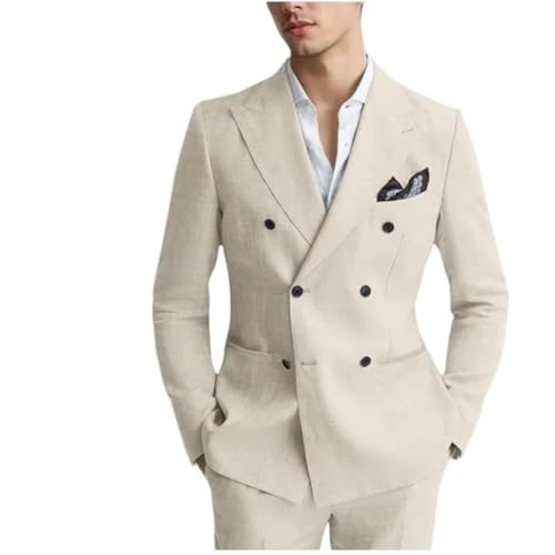 Men's Linen 2-Piece Suit | Slim Fit Double Breasted Peak Lapel Tuxedo for Wedding4