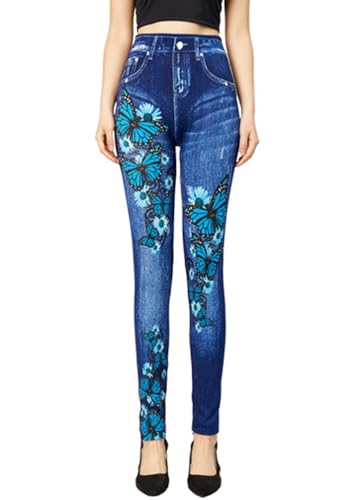 ORANDESIGNE Femme Legging Imprimés Denim et Papillons Leggings Imitation Jean Jeggings Taille Haute Slim Pantalon Moulant Collant Extensible Pantalon de...