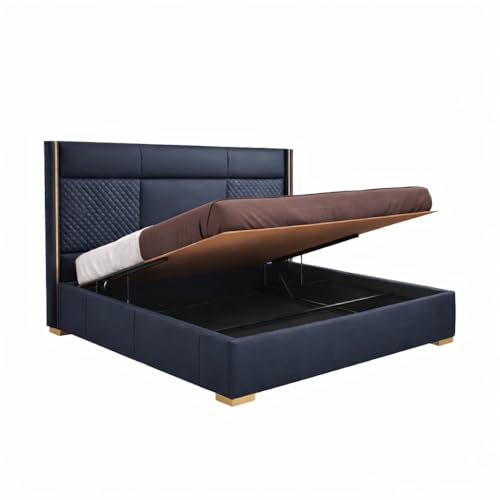 Image of Royal Modern Upholstered Queen Size Bed with Hydraulic Storage for Bedroom | Wooden Double Beds for Home & Hotels | Platform Cot Bed with Upholstery Fabric, 6.5 x 5 Ft | Sheesham, Blue