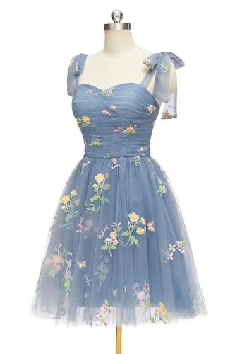 Short Homecoming Dresses for Teens Flower Embroidery Tulle Spaghetti Strap Knee Length Daisy Floral Prom Dresses4