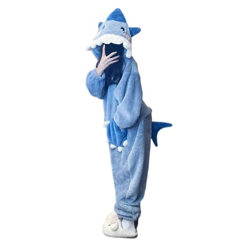 Mgoohoen Shark Onesie Women Pajamas Fuzzy Warm Jumpsuit Sleepwear Winter Rompers Pajamas with Cute Ear Hood (K-Blue, M)