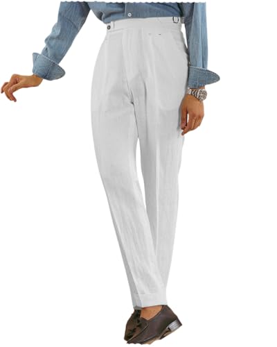 Men's Linen Pants Vintage Silm Fit Business Flat Front Classic Casual Suit Linen Pants Dress Trousers