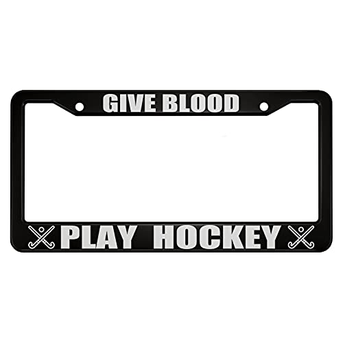 oFloral Give Blood Play Hockey Aluminum Alloy License Plate Frame White Crossed Hockey Sticks Sign Applicable to US Standard Car Metal Funny Front Car Tag Frame Holder for Women Men(1 Pack)
